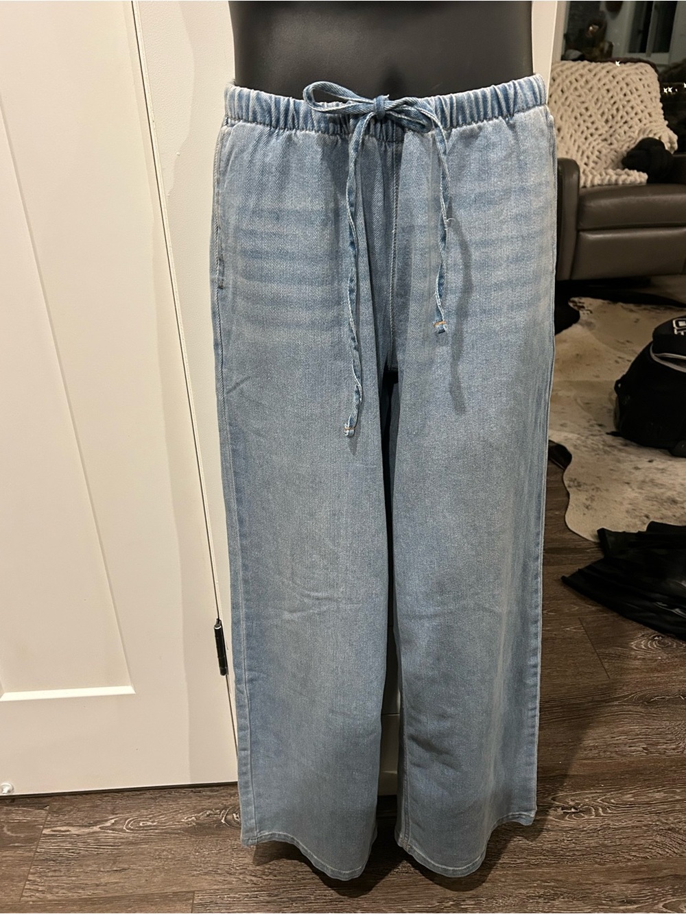 Vanilla Star Light Blue Relaxed Wide-Leg Drawstring Jeans